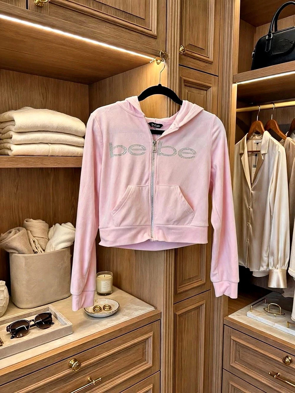 bebe Baby Pink Velour Rhinestone Zip-Up Hoodie Size M Y2K
